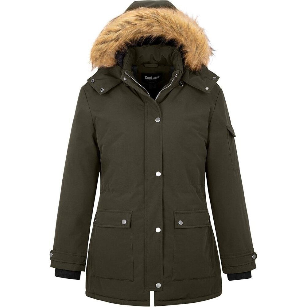 Women's Army Green Winter Plus Size Waterproof Thicken Puffer Coat With Hood